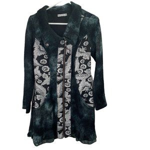 Adore Cardigan Sweater Zip Front Teal Black White Floral Tie Dye Ruffle Hem